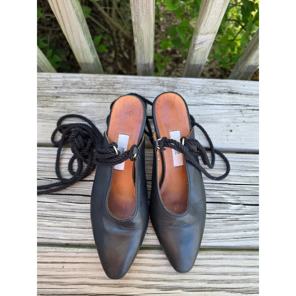 Miista London Black Leather Lace Up Rope Tie Pointed Toe Block Heel Pumps 36